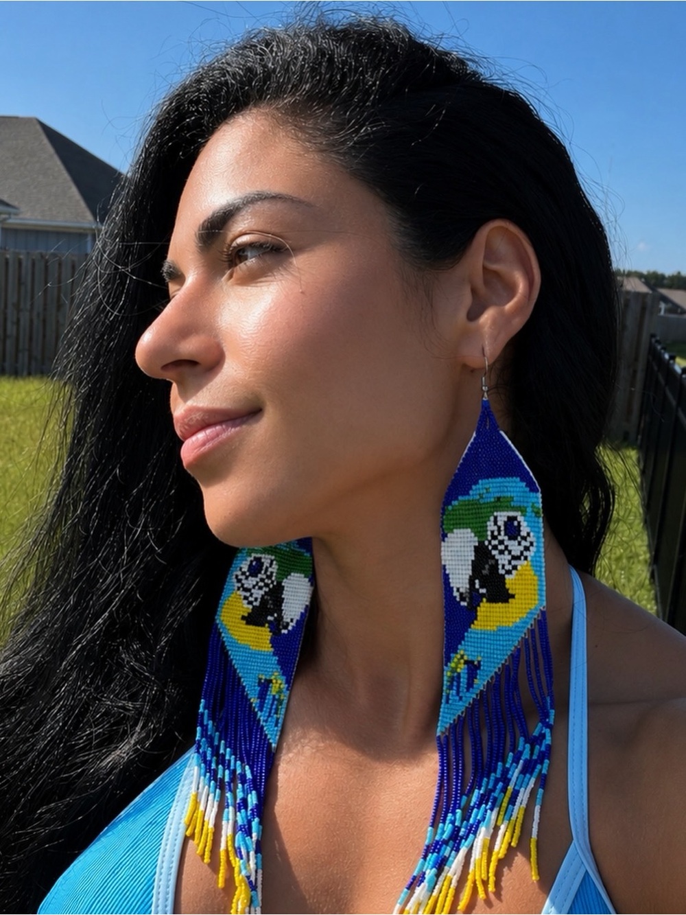 Handmade Beaded Parrot Statement Earrings - Blue & Yellow